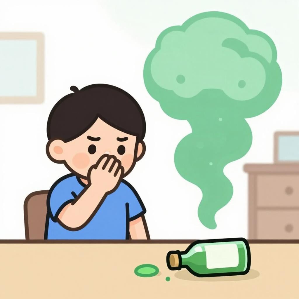 A person covering their nose because of a thick cloud of green smoke.