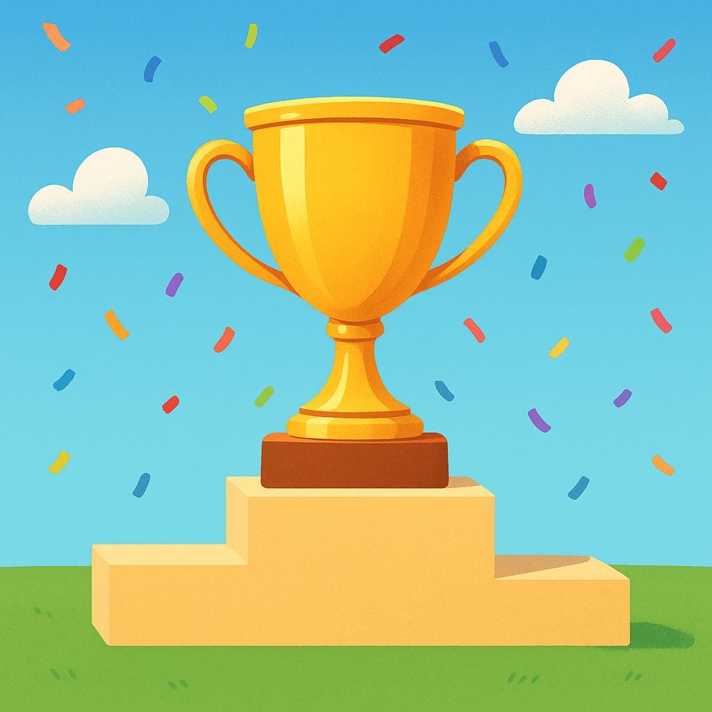 A shiny gold trophy sitting prominently on a three-tiered winner's podium on a green sports field, symbolizing the conclusion of a tournament.