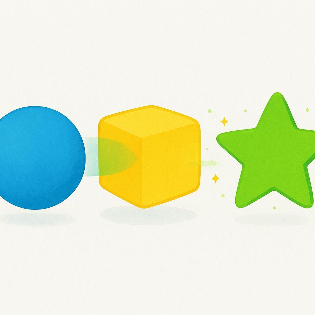 A simple colorful storybook illustration depicting a visual transformation. A blue sphere and a yellow cube are shown merging, resulting in a new, single bright green star shape.