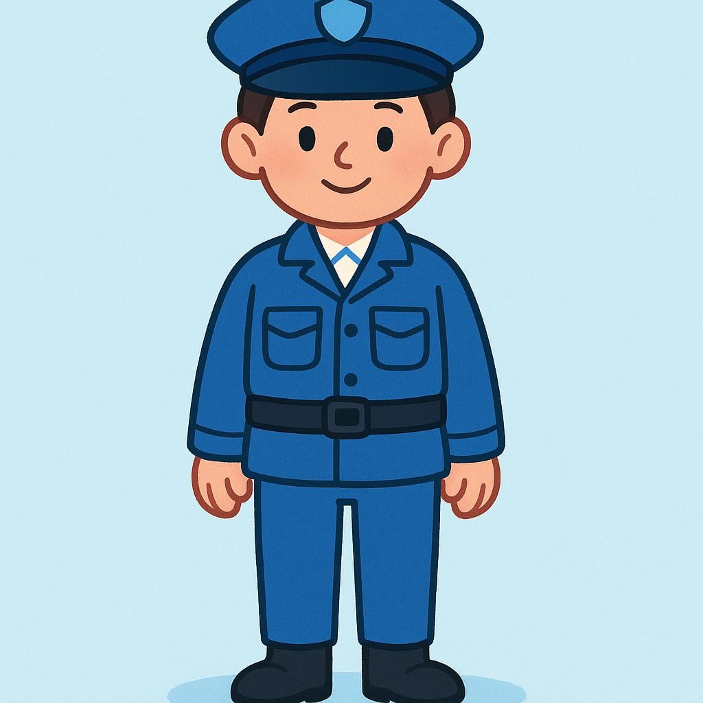 A high quality simple colorful storybook illustration of a friendly police officer wearing a blue uniform and hat, standing and smiling.