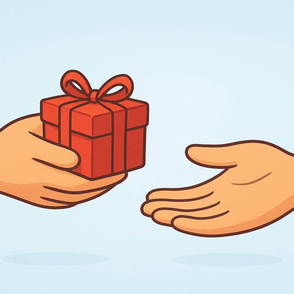 A storybook illustration showing one hand offering a simple object, like a small red box, to an open, waiting hand.
