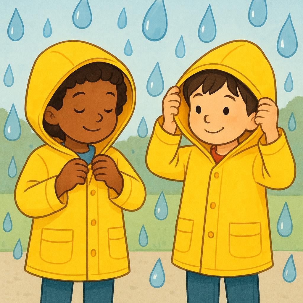 Two children standing side-by-side, carefully putting on bright yellow raincoats while large, cartoonish raindrops fall around them, illustrating necessity.