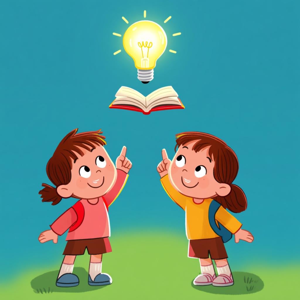 A high quality storybook illustration showing two smiling children looking at a bright, glowing lightbulb floating above a small, open book, symbolizing shared knowledge.