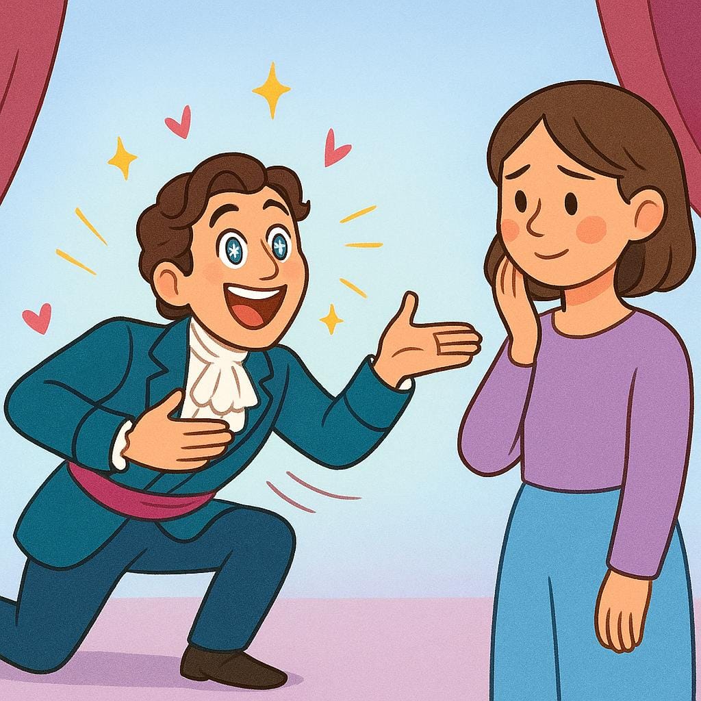 一人の人物がもう一人の人物の前でドラマチックにひざまずき、熱心に身振り手振りで過剰な賞賛を示している。