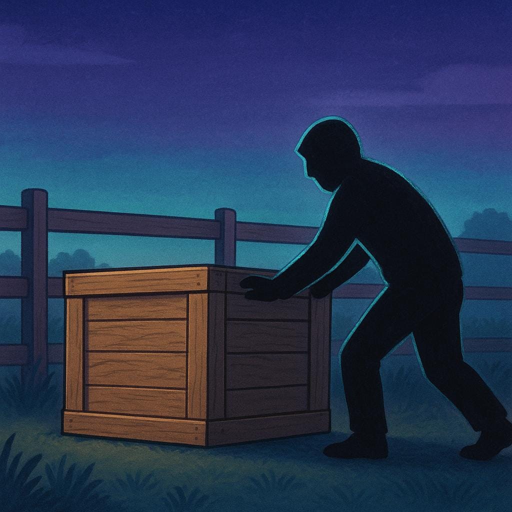 A shadowy figure in dark clothes is covertly pushing a large, unmarked wooden crate underneath a simple, barbed-wire border fence at twilight, illustrating the illegal activity of smuggling.