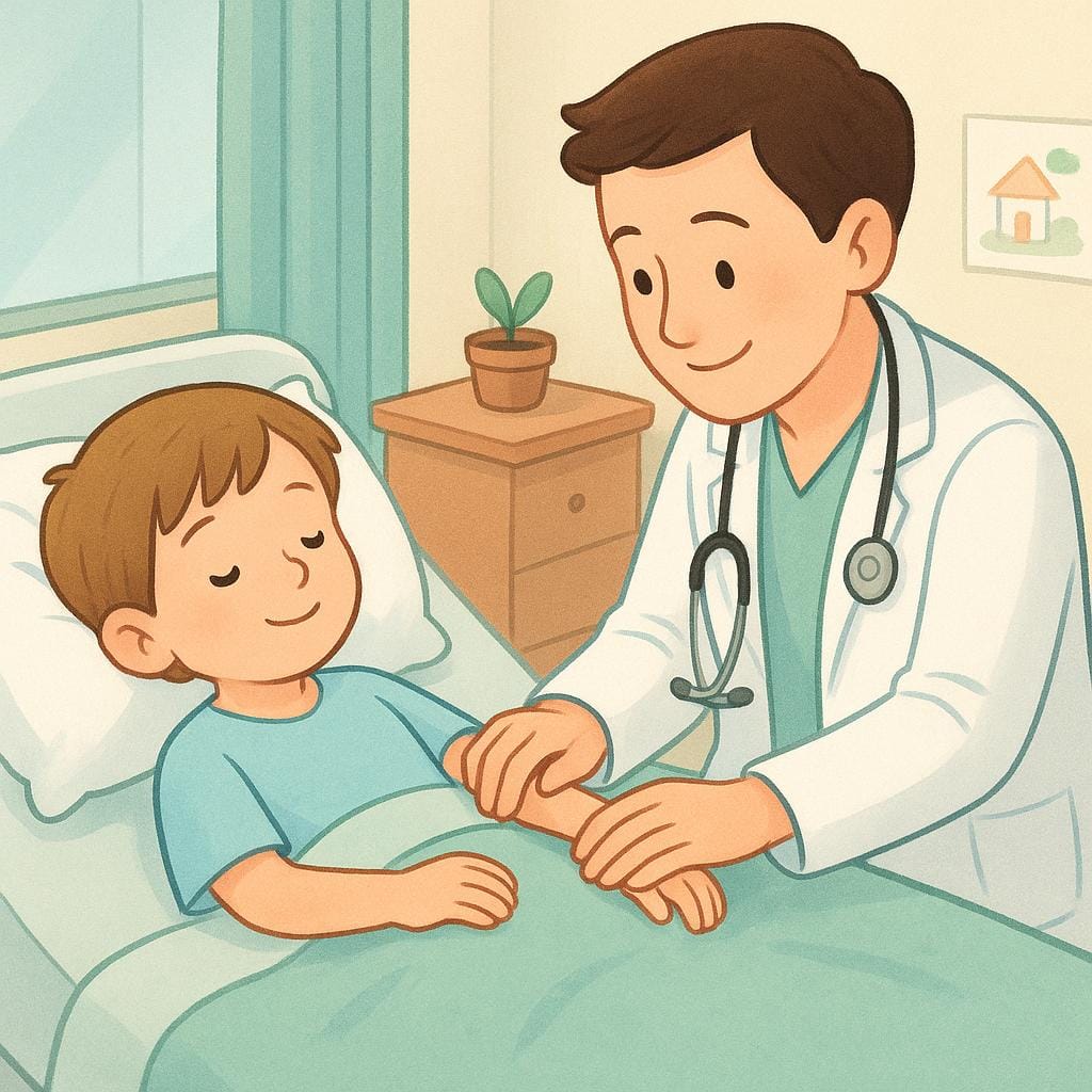 Een lachend kind dat comfortabel in een eenvoudig ziekenhuisbed ligt met een ziekenhuisschort aan, terwijl het zachtjes wordt verzorgd door een arts.