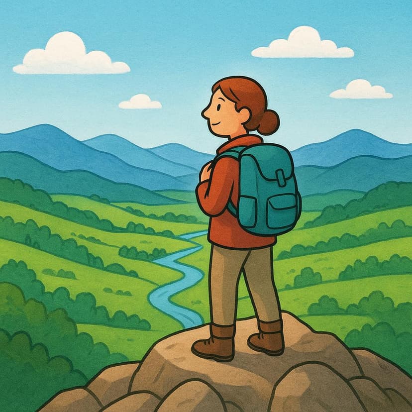 A smiling lone hiker wearing a backpack stands on a mountain peak, looking out over a vibrant green valley and distant blue mountains, depicting physical discovery.