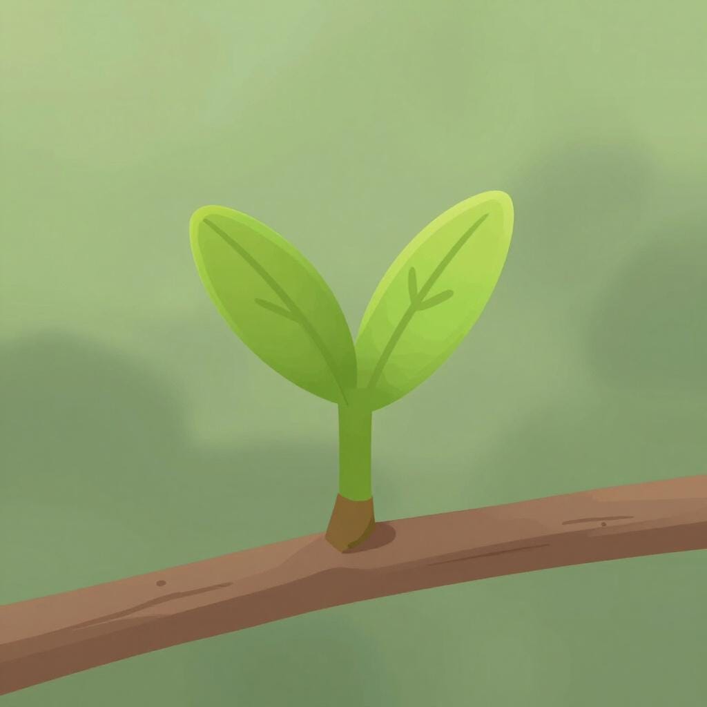 A close-up of a tiny green bud sprouting from a brown tree branch.