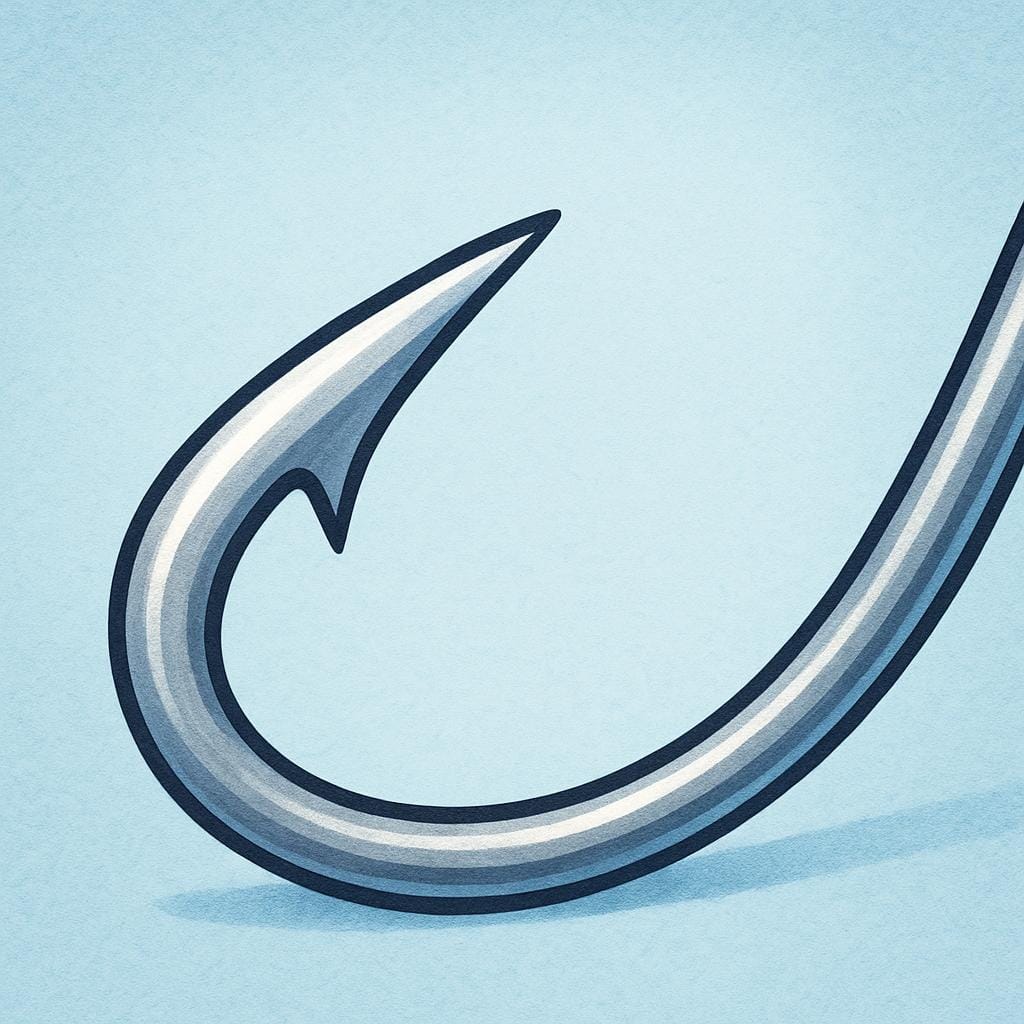 A detailed illustration of the tip of a silver fishing hook, clearly showing the sharp, backward-pointing barb near the point.