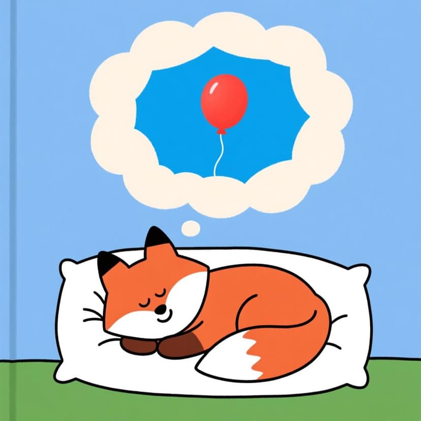 A cartoon fox sleeping soundly on a pillow, with a thought bubble above its head showing a simple, fantastical image.