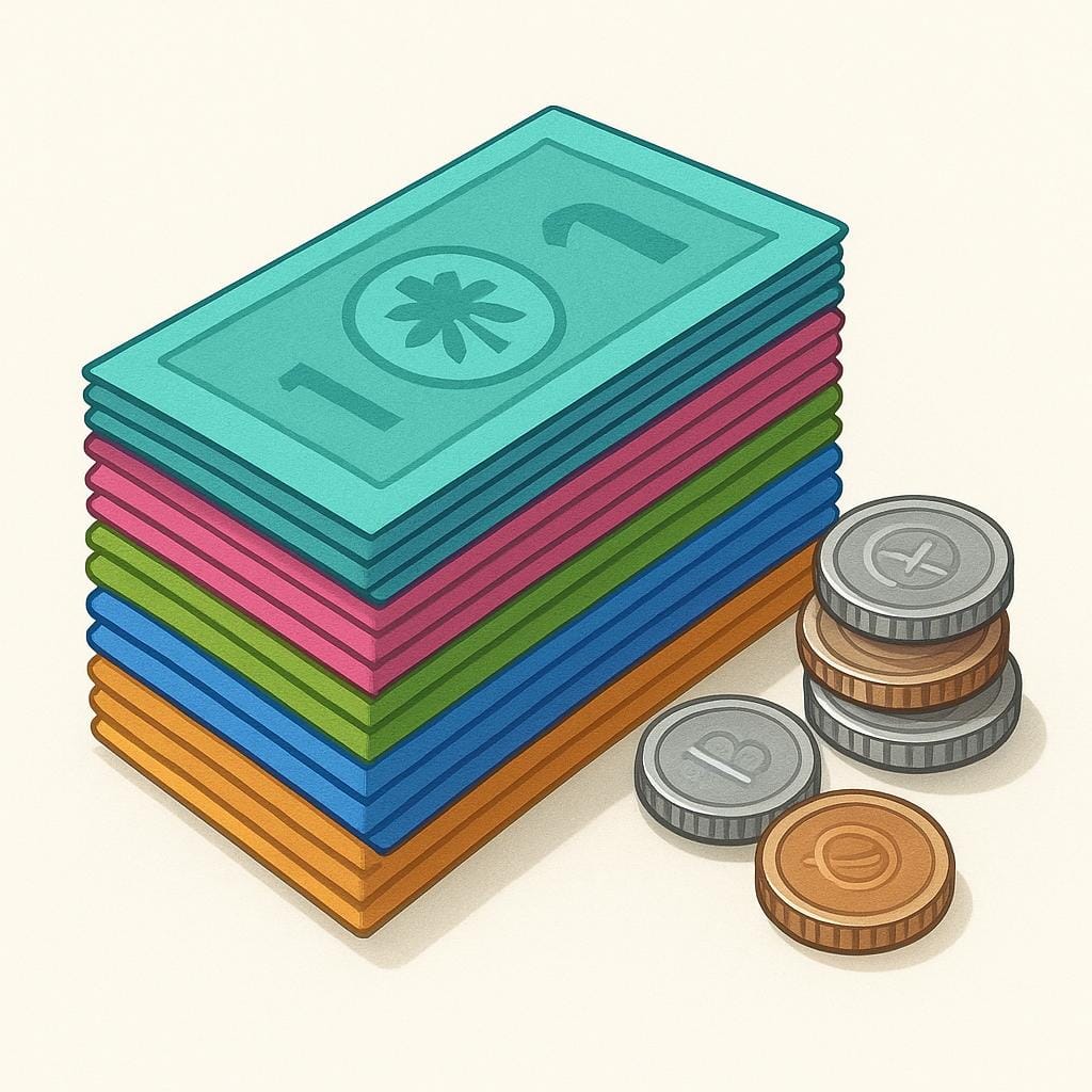 A collection of different colorful banknotes neatly stacked next to a small pile of metallic coins, symbolizing a national currency system.