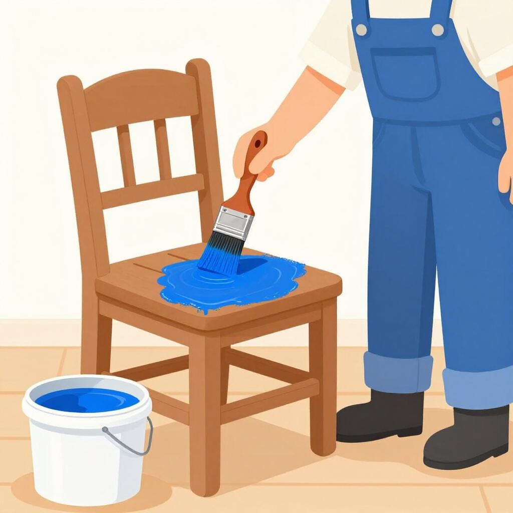 Una persona in tuta che usa un pennello per applicare vernice blu a una sedia di legno.