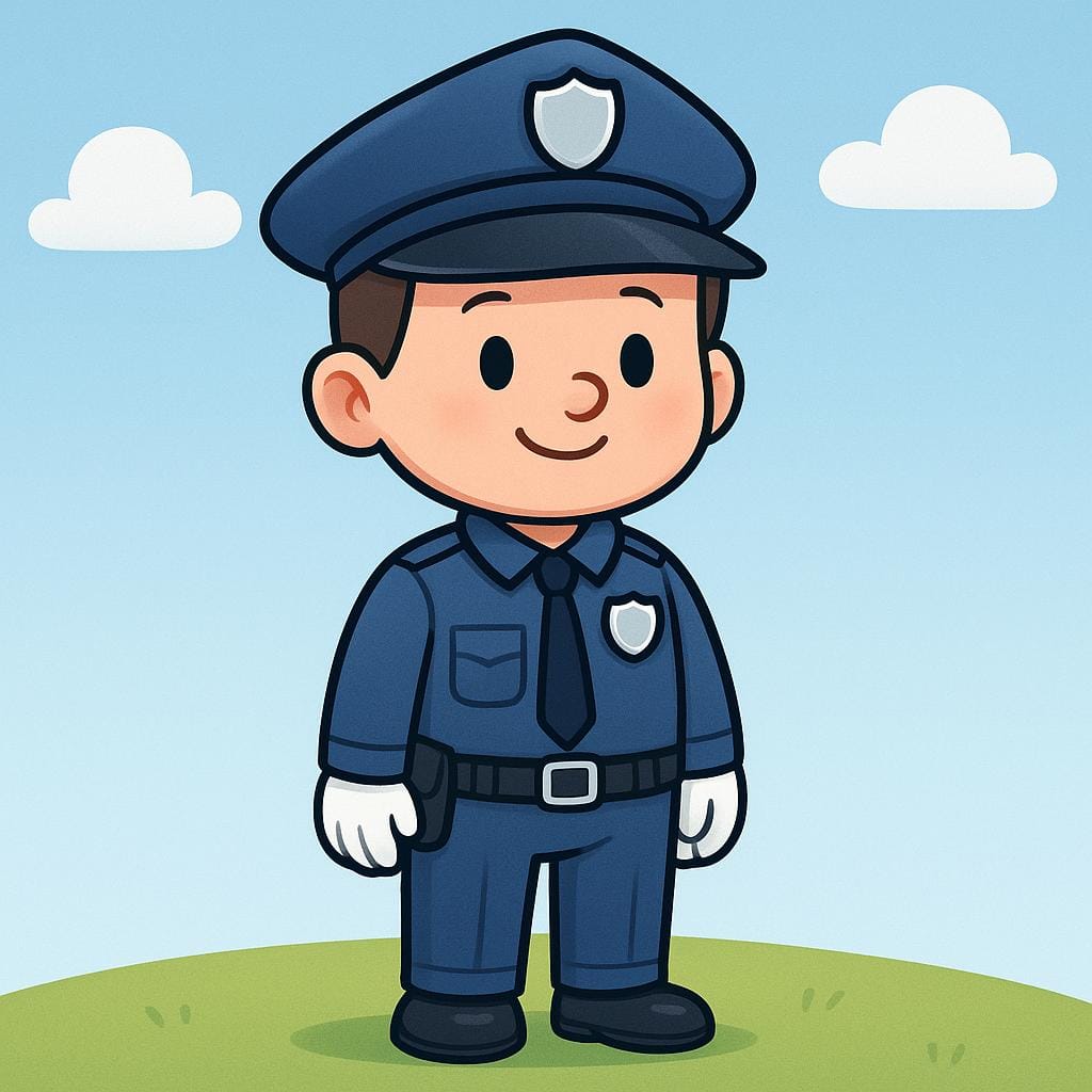 Ein freundlicher Zeichentrick-Polizist in blauer Uniform und Mütze, der steht und lächelt.