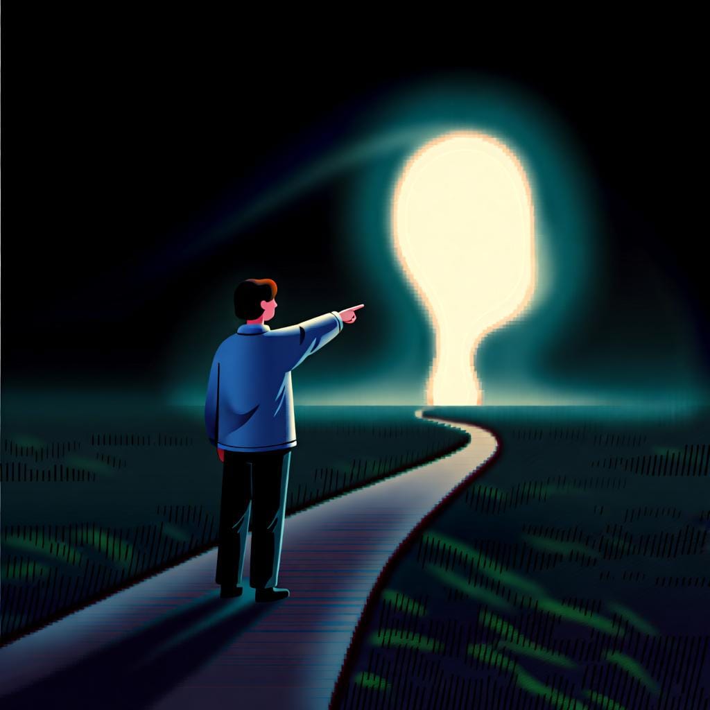 A person pointing to a vague, glowing light in the middle distance, representing an abstract idea or an object that isn't close by.