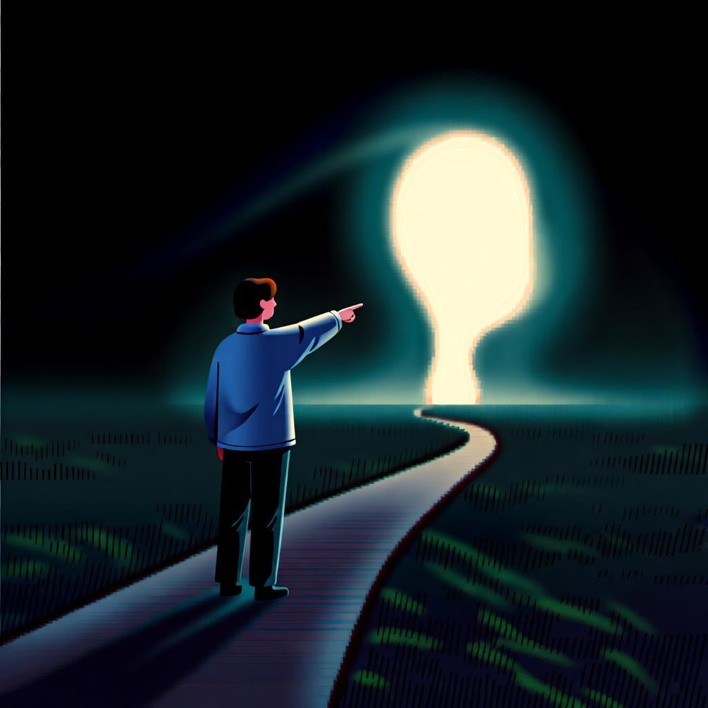 A person pointing to a vague, glowing light in the middle distance, representing an abstract idea or an object that isn't close by.