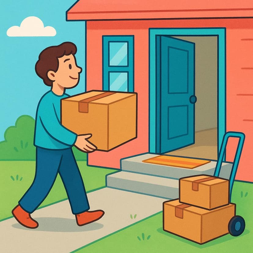A person carrying a cardboard box toward a colorful house.