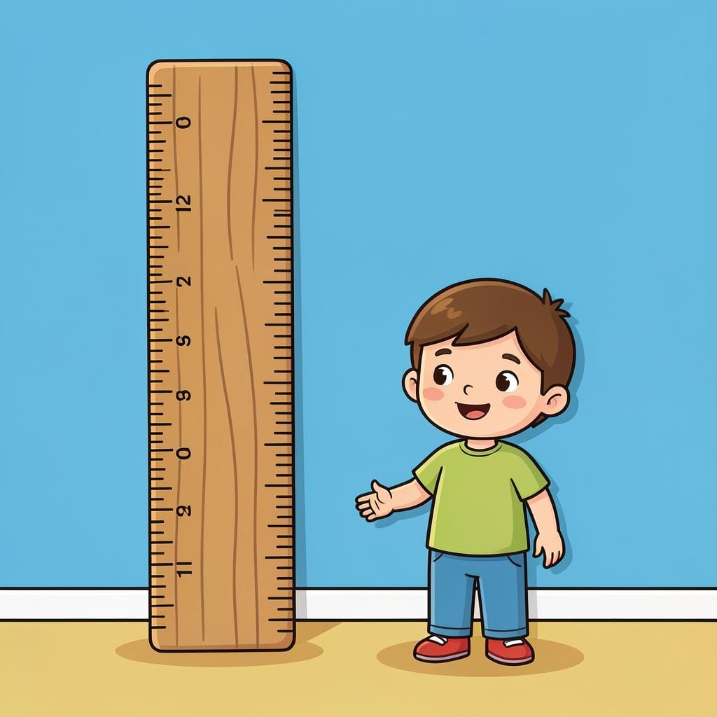 A child standing against a wall while an adult holds a wooden ruler vertically to check their height.