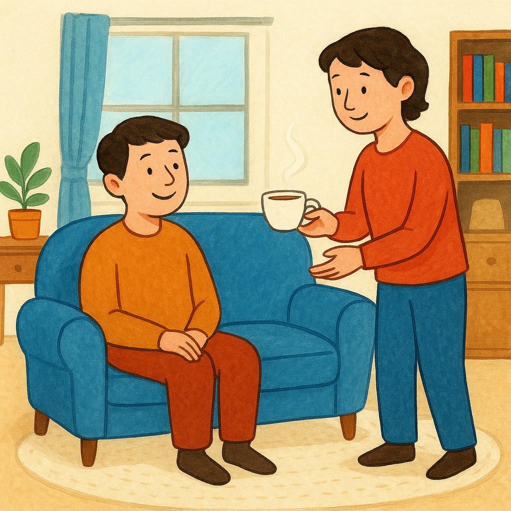 A storybook illustration showing a smiling person sitting comfortably on a living room sofa, accepting a cup of tea offered by the host standing nearby.