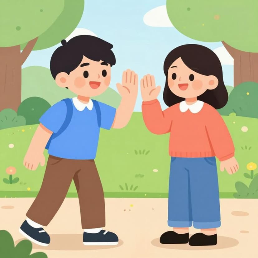 Uma pessoa amigável sorrindo e acenando com a mão de forma dispensadora, enquanto outra pessoa parece arrependida após esbarrar acidentalmente nela.