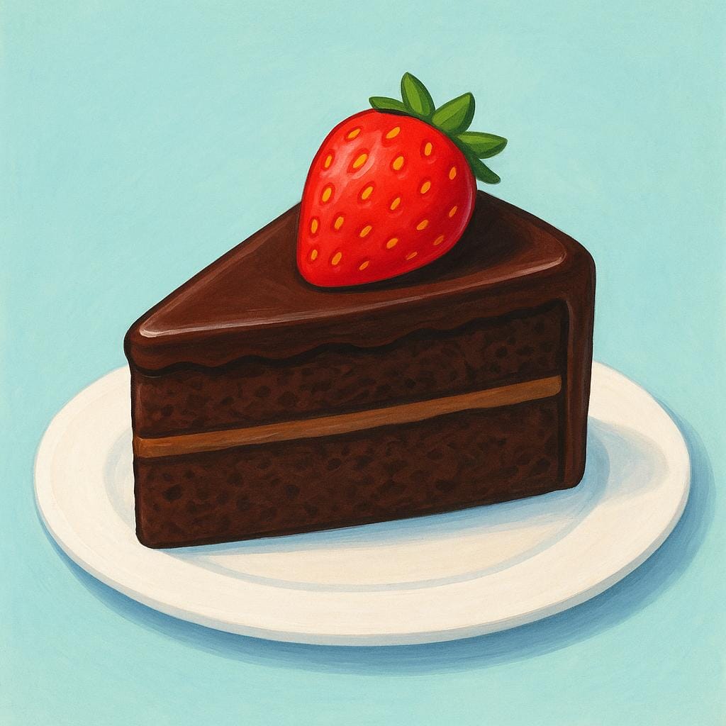 A piece of rich chocolate cake sitting on a plate, garnished with a bright red strawberry.
