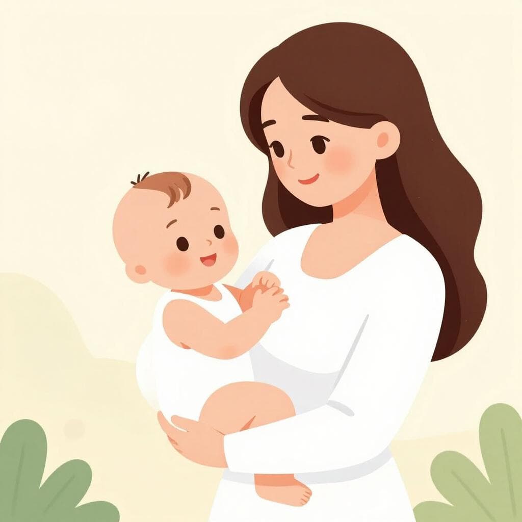 A kind woman in a graceful dress smiling as she holds a baby wrapped in a white blanket during a ceremony.