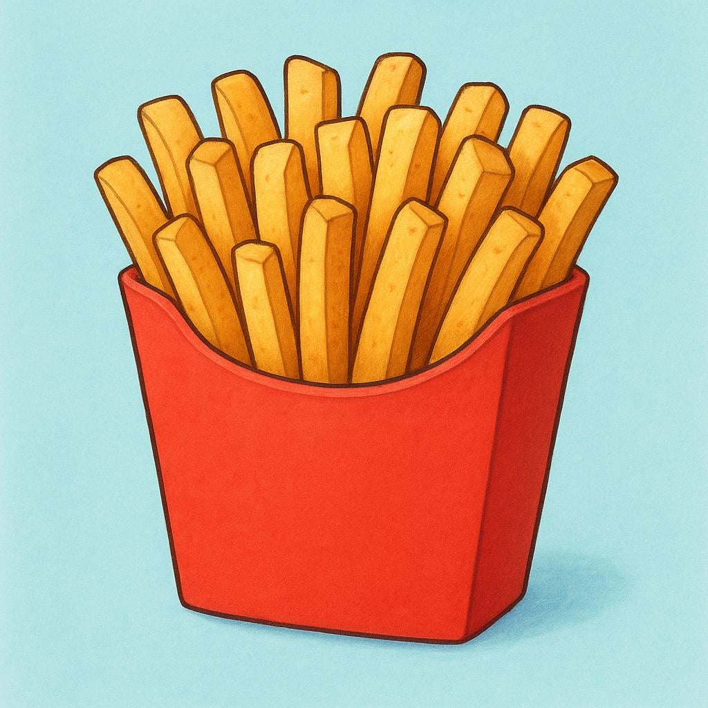 A stack of thick, golden french fries overflowing from a simple red serving container.