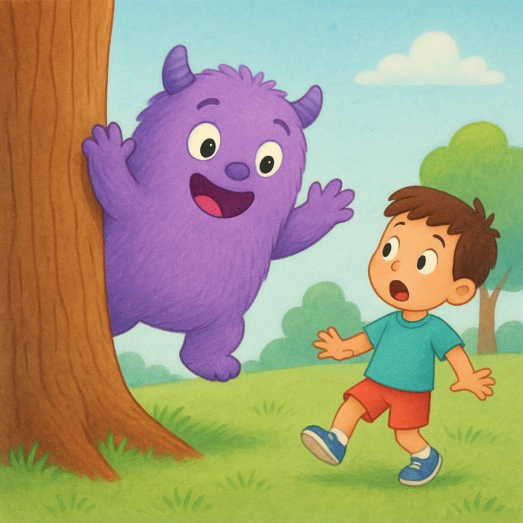 A friendly purple monster is startling a small child by jumping out from behind a large tree trunk. The child reacts with wide, startled eyes and appears to be jumping back.