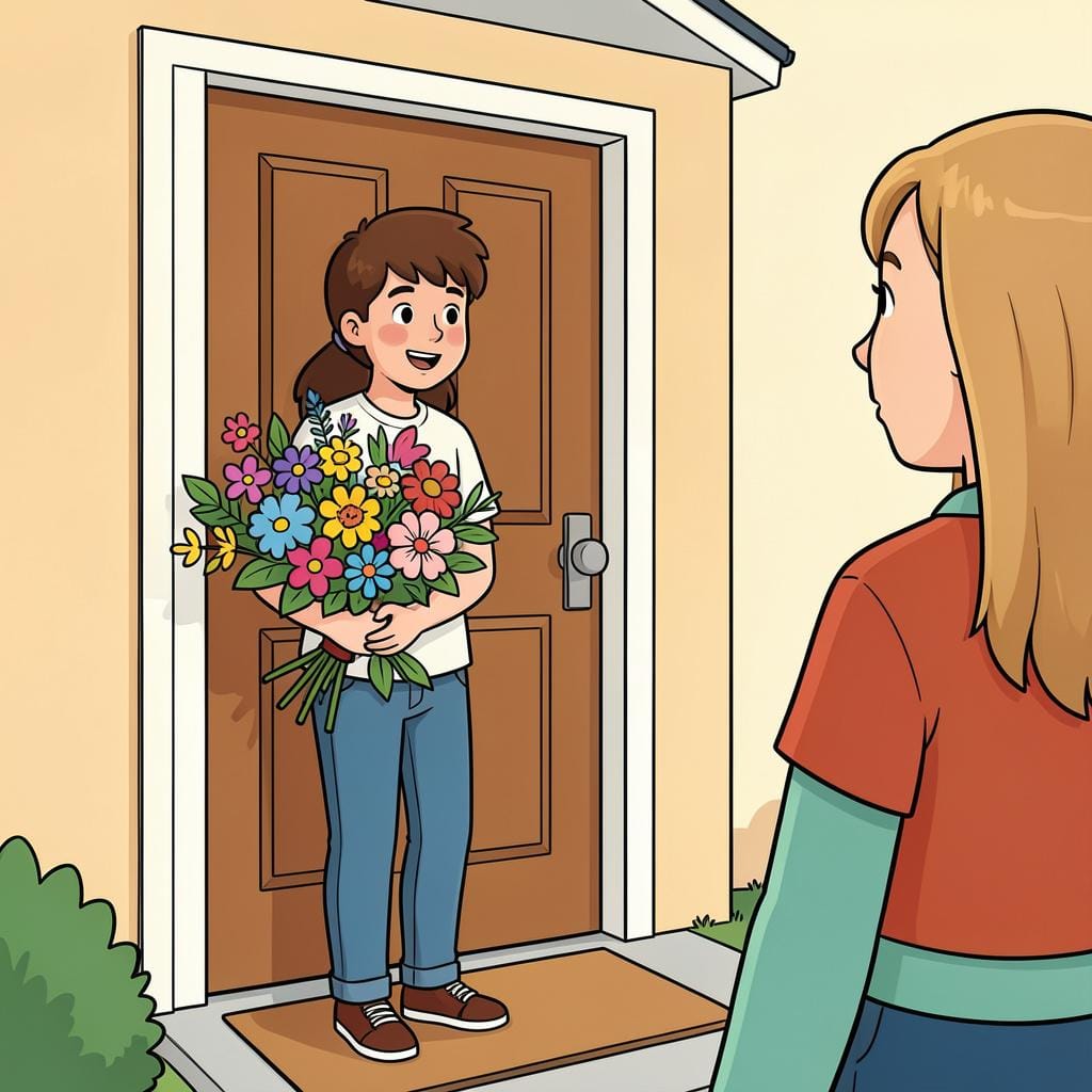 A person hiding a bouquet of flowers behind their back while talking to another person.