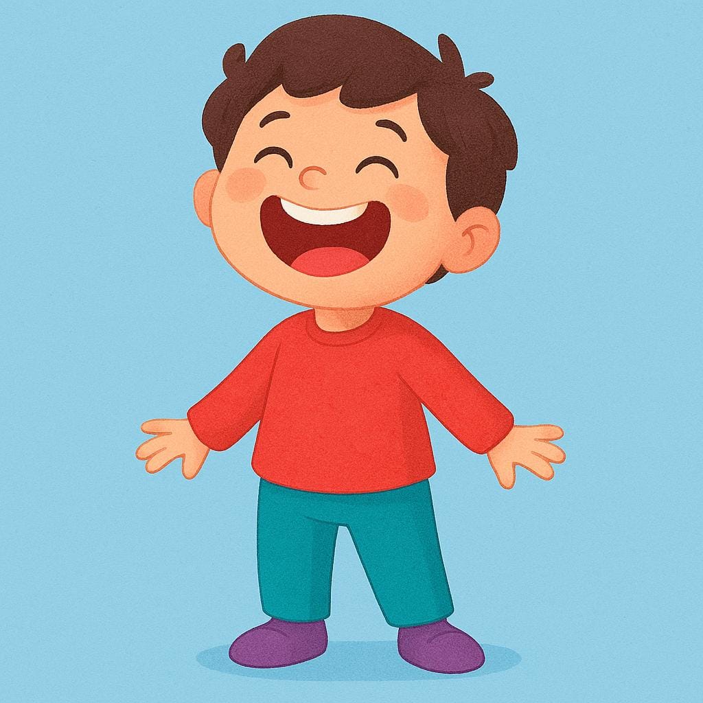 머리를 뒤로 젖히고 입을 크게 벌린 채 눈을 감고 웃고 있는 즐거운 사람의 모습.