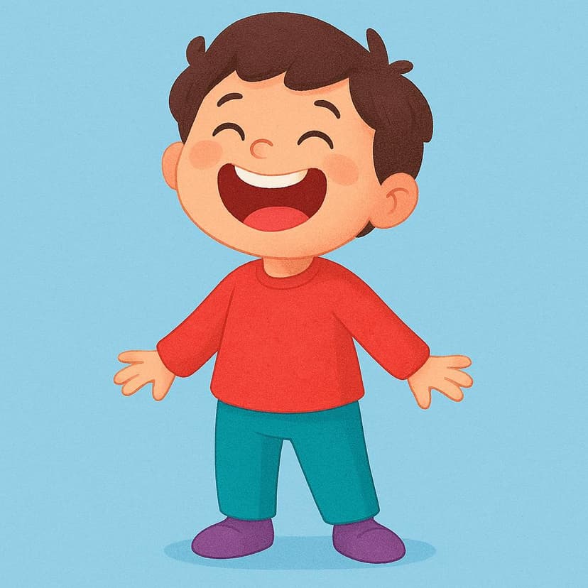 A cheerful figure laughing heartily, head tilted back slightly, with a wide open mouth and closed, smiling eyes.