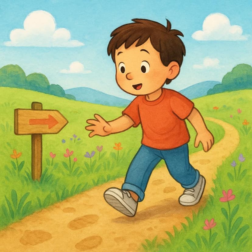 A colorful illustration showing a young person taking their very first step onto a clearly marked dirt path that leads into a bright, sunny green field.