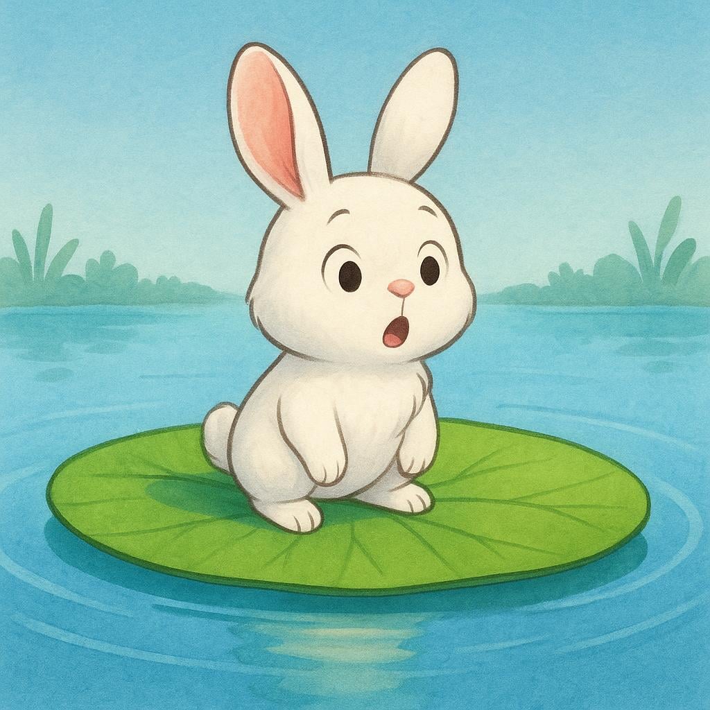 A surprised rabbit stands on a large green lily pad in the middle of a pond, having unexpectedly arrived at this location.