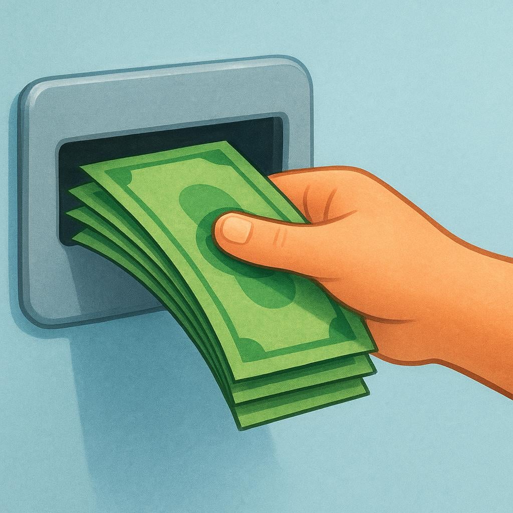 A close-up illustration of a hand pulling several folded green banknotes out of a gray machine slot.