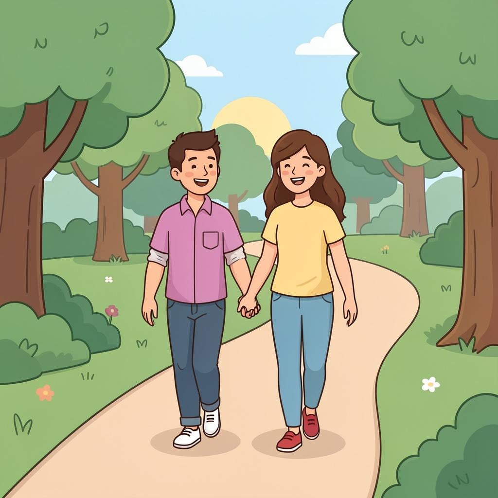 Two friends walking together down a sunny path in a park.