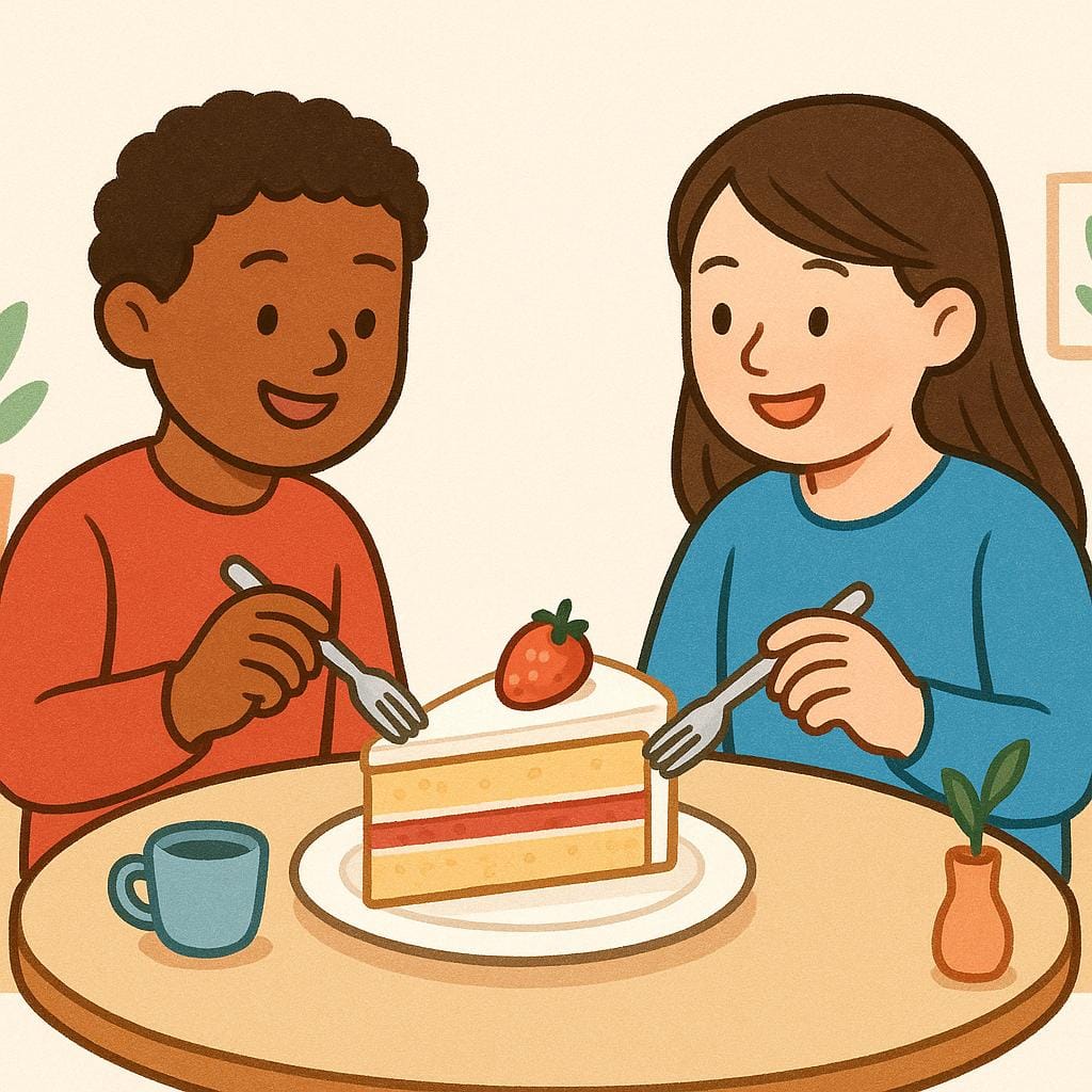 Due amici allegri sono seduti a un tavolino, condividendo una grande fetta di torta deliziosa, a simboleggiare il concedersi un piacere.