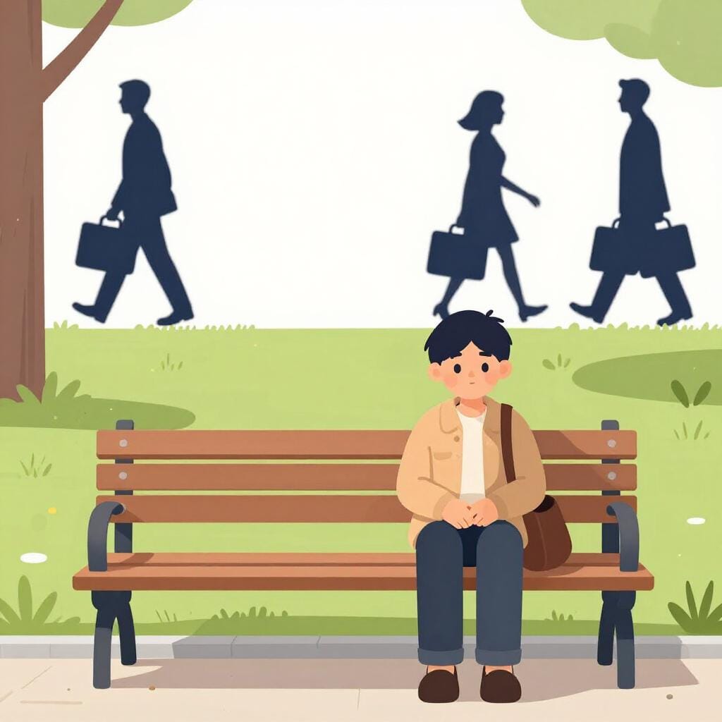 A sad person sitting on a park bench during the day while others in the background walk to work.