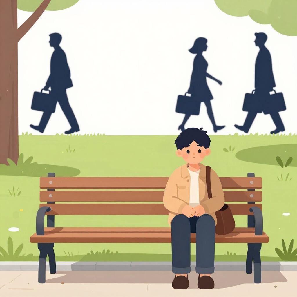 A sad person sitting on a park bench during the day while others in the background walk to work.