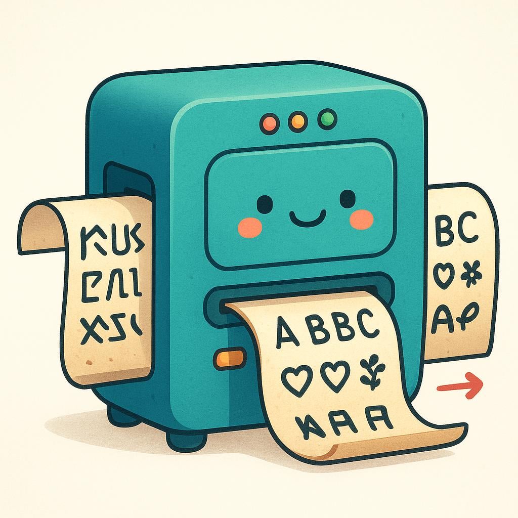 A high quality storybook illustration showing a simple, colorful machine. A scroll of paper with symbolic foreign characters enters the machine on one side and immediately exits the other side, displaying new, recognizable characters, visualizing the completion of the translation action.