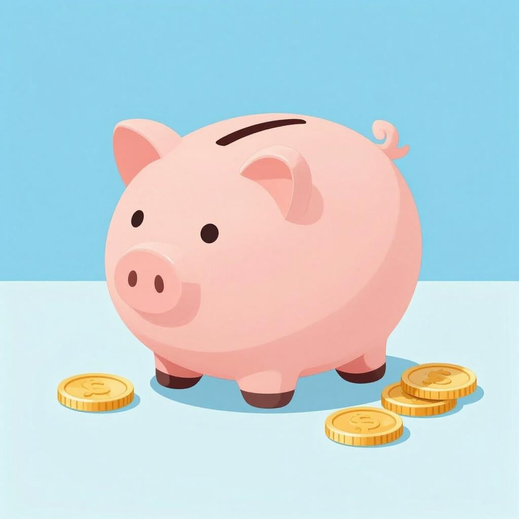 A simple piggy bank with a few coins next to it, representing low cost.
