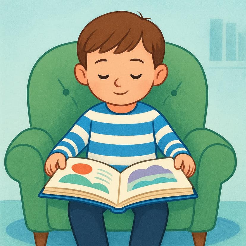 A simple illustration of a young boy sitting comfortably on a chair, absorbed in reading a large, open book.