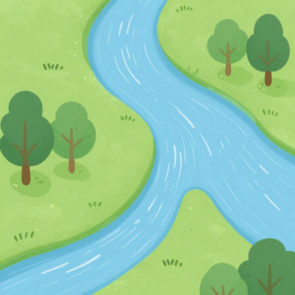 A colorful illustration of a small stream flowing into a much larger, wider river.