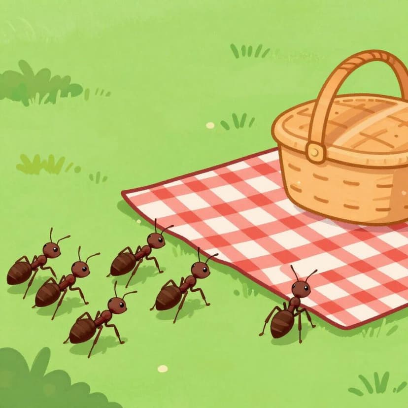 A line of ants marching onto a red checkered picnic blanket toward a basket of food.