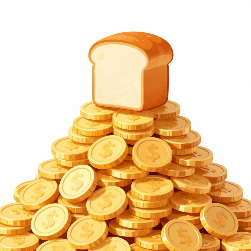 A single loaf of bread sitting on top of a very large, growing pile of golden coins.