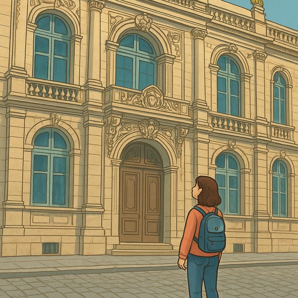 A storybook illustration showing a single person standing in front of a famous, recognizable landmark building, looking up at it with interest.