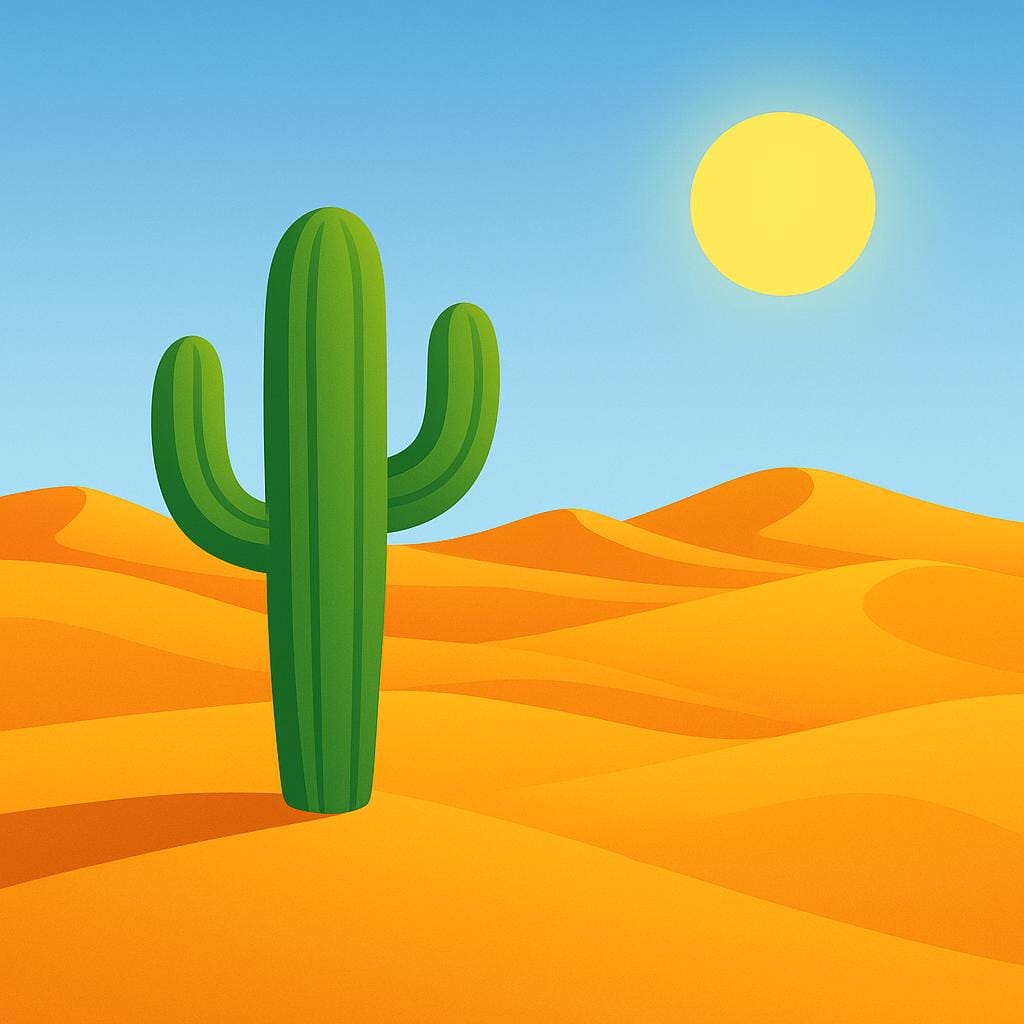 A simple illustration of vast, rolling sand dunes stretching toward the horizon under a bright sun. A single, prominent cactus stands in the foreground.