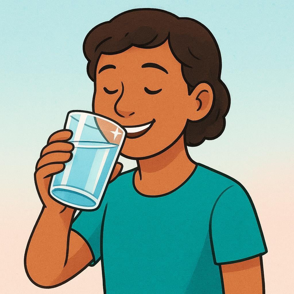 A storybook illustration showing a person happily drinking water from a clear glass.