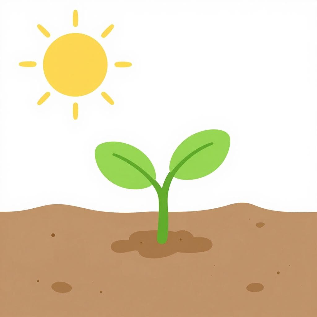 Een levendige groene spruit die opkomt uit droge, gebarsten aarde onder een felle zon.