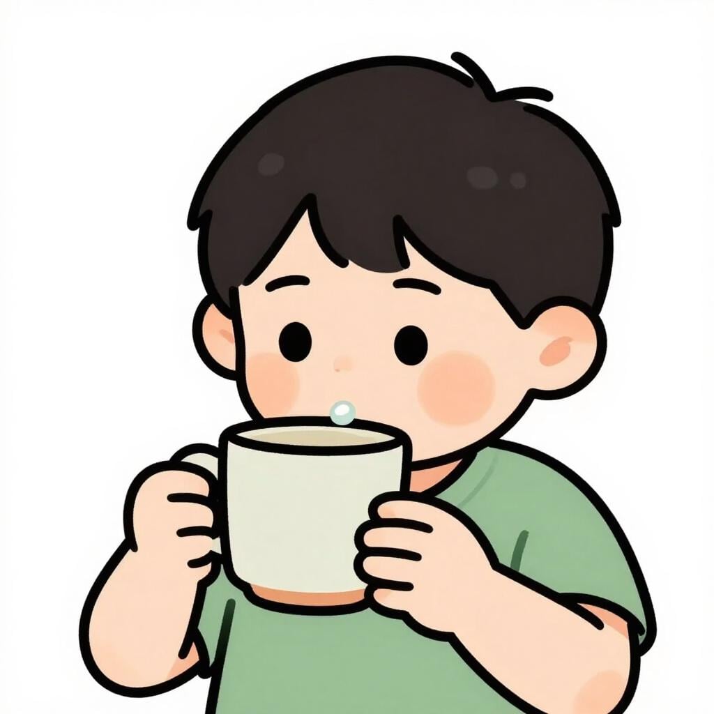 A child carefully taking a tiny sip from a colorful mug.