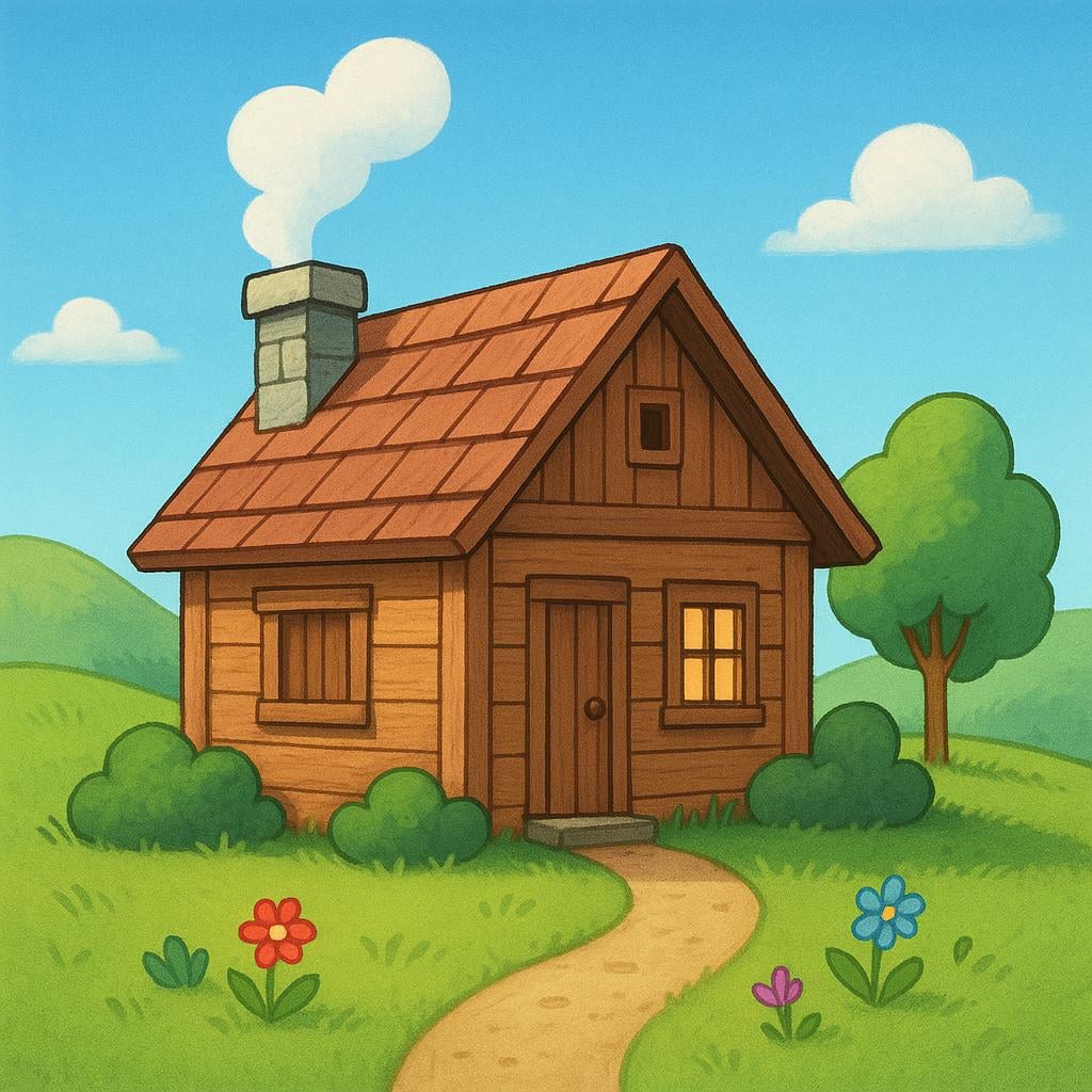 A cozy, sturdy wooden cottage with smoke rising from the chimney, nestled among green hills, symbolizing permanent residence.