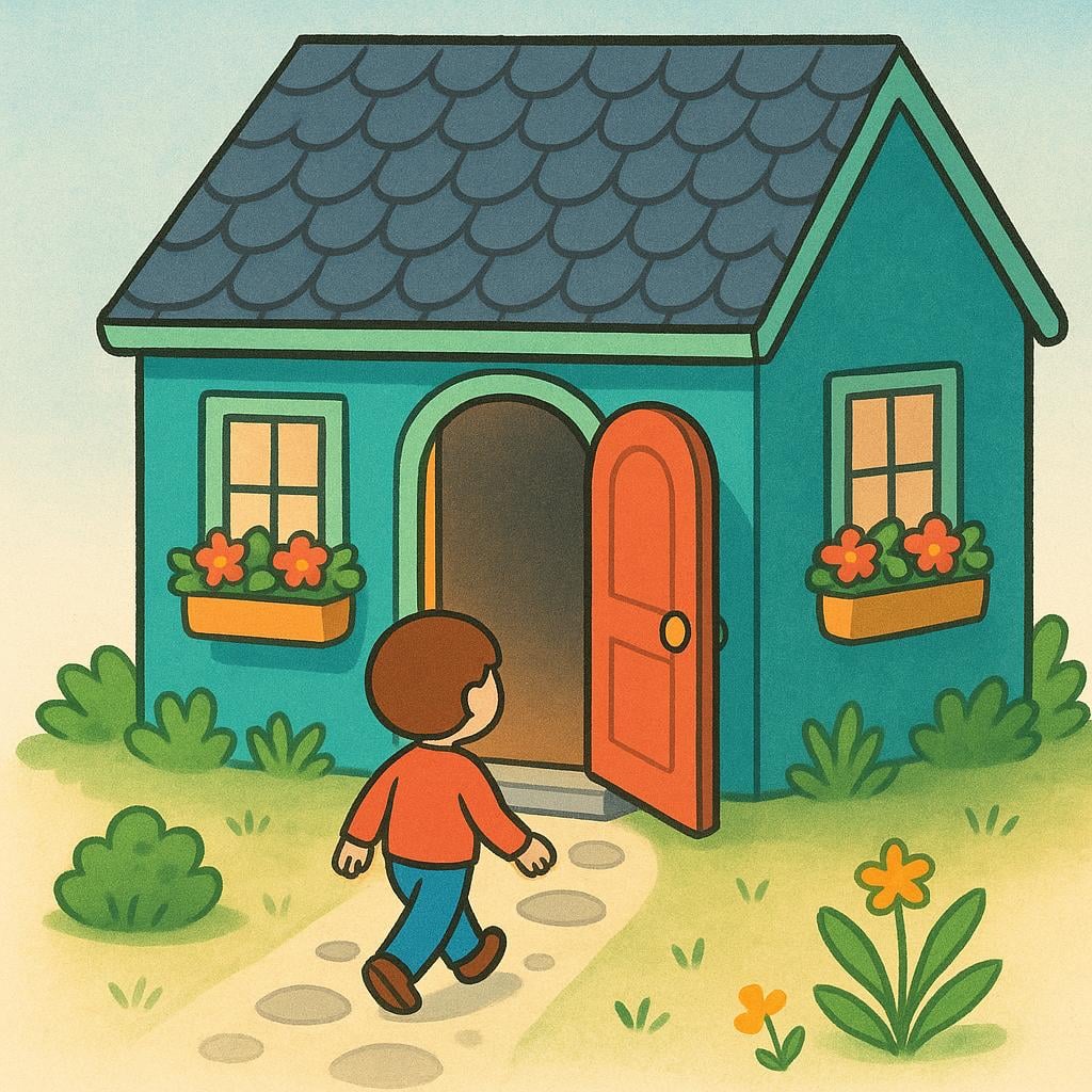 A simplified storybook illustration showing a small figure walking away from the open front door of a brightly colored cottage, symbolizing departure.